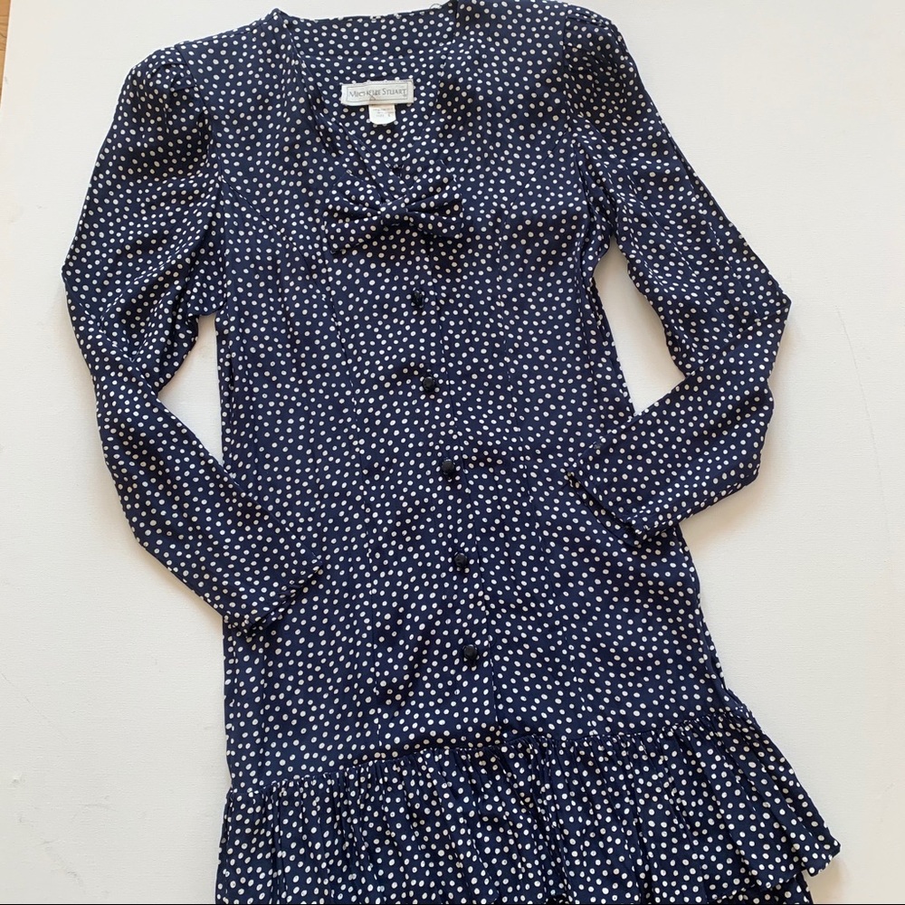 Vintage Michelle Stuart navy polka dot dress 6